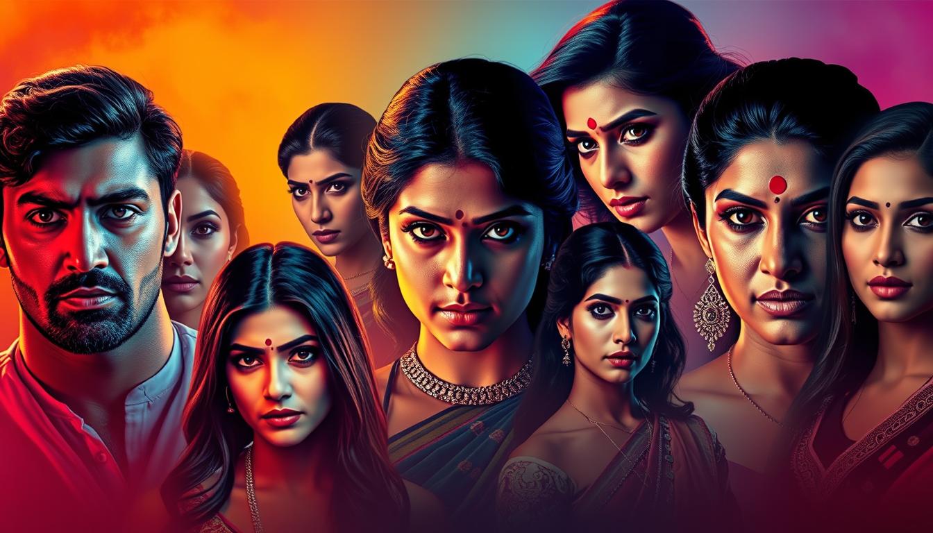 Top Hot Hindi Web Series to Watch Online 2 A tantalizing array of alluring Indian web series characters, set against a vibrant backdrop of bold colors and dynamic compositions. In the foreground, captivating faces with strong features and seductive expressions command attention. The middle ground showcases a collage of diverse character archetypes, each with their own intriguing narratives. In the background, sensual silhouettes and atmospheric lighting evoke the sultry, cinematic qualities of these popular digital productions. Subtle hints of Indian cultural elements, such as ornate jewelry and rich fabrics, subtly weave through the scene, creating a cohesive, immersive experience that encapsulates the essence of hot Hindi web series.