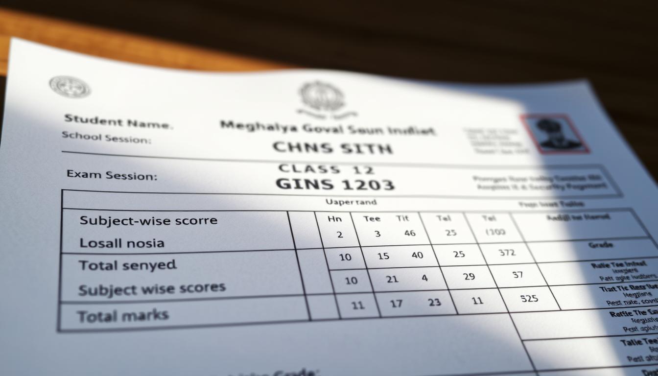 A detailed and photorealistic image of the key components that make up a Meghalaya Class 12 marksheet. In the foreground, the prominent features - student name, exam session, school name, and registration number are clearly visible, printed on high-quality security paper with subtle watermarks. In the middle ground, the subject-wise scores, total marks, and grade are displayed in a structured, easy-to-read layout. The background showcases the official government seal, logo, and relevant security elements that authenticate the marksheet's legitimacy. The lighting is natural, with soft shadows conveying a sense of authority and officialness. The camera angle is slightly tilted to create depth and emphasize the important information.