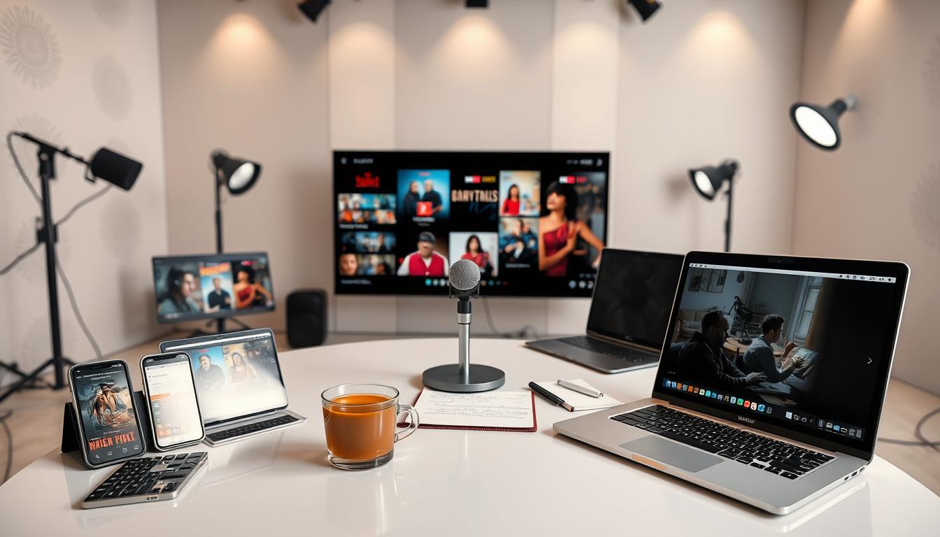 Top Hot Hindi Web Series to Watch Online 3 A high-definition, wide-angle lens captures a well-lit, modern studio setup. In the foreground, an array of modern web-enabled devices - smartphones, tablets, and laptops - display various Indian web series titles and thumbnails. The middle ground features a sleek, minimalist desk with a microphone, notes, and a cup of chai, suggesting an analysis or review session. The background showcases a clean, elegant backdrop with subtle Indian-inspired patterns, creating a professional, yet culturally relevant ambiance. The overall mood is one of thoughtful, in-depth examination of the thriving Hindi web series landscape.