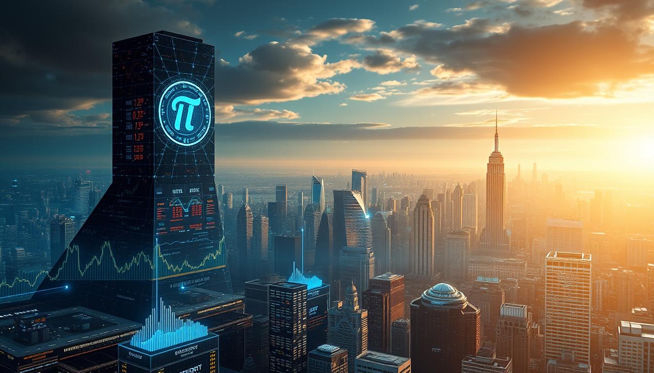 A high-tech financial landscape, with a towering digital Pi Network logo casting a long shadow across a bustling marketplace. In the foreground, a sea of holographic stock tickers and graphs rise and fall, reflecting the dynamic growth and adoption of the Pi Network ecosystem. The middle ground features a diverse array of virtual trading platforms, wallets, and decentralized applications, all interconnected and thriving. In the background, a cityscape of gleaming skyscrapers and futuristic architecture symbolizes the transformative impact of this innovative cryptocurrency network. The scene is bathed in a warm, golden light, conveying a sense of optimism and progress, as the world of traditional finance inevitably adapts to the rise of this new economic force.