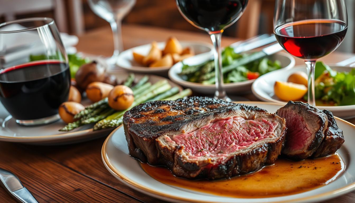 A high-quality image of a gourmet dining scene featuring a beautifully plated smoked ribeye steak, accompanied by carefully selected side dishes and a glass of fine red wine. The steak is meticulously seared, with a rich, smoky aroma and a perfectly pink, juicy interior. The side dishes, such as roasted fingerling potatoes, sautéed asparagus, and a fresh green salad, complement the steak's flavors. The glass of red wine, perhaps a robust Cabernet Sauvignon or a smooth Merlot, adds depth and complexity to the overall presentation. The scene is set against a backdrop of a well-appointed dining table, with elegant tableware and a rustic, yet refined, ambiance. The lighting is warm and inviting, casting a soft glow over the entire composition, creating an atmosphere of culinary excellence and refined sophistication.