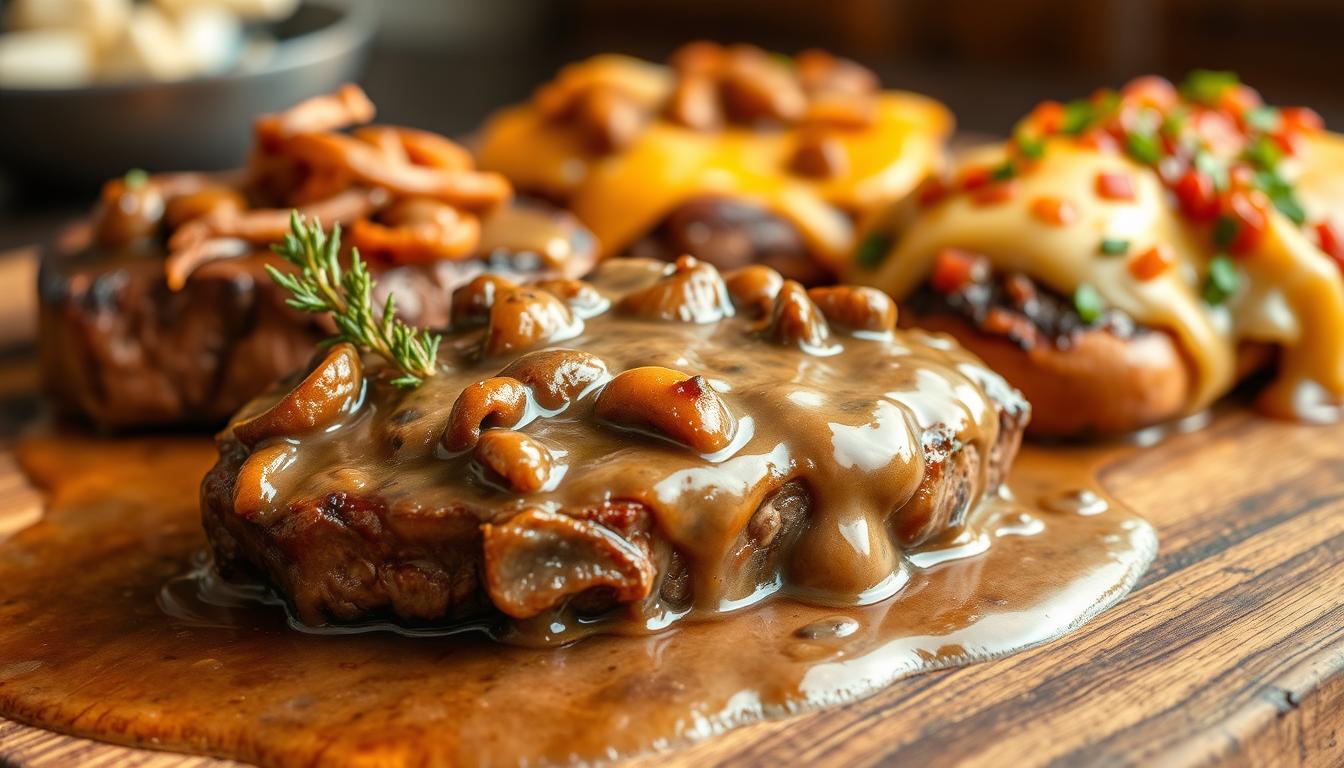 A tempting assortment of smothered steak recipes, each with its own unique flair. In the foreground, a juicy, fork-tender steak smothered in a rich, velvety mushroom gravy, garnished with delicate sprigs of thyme. In the middle ground, a hearty rendition topped with caramelized onions and melted cheddar cheese, evoking comfort and indulgence. Further back, a version infused with bold Southwestern spices, smothered in a tangy tomatillo salsa, adding a zesty twist. The scene is illuminated by warm, natural lighting, capturing the mouthwatering textures and inviting aromas of these tempting variations. Shot with a shallow depth of field, drawing the viewer's focus to the delectable centerpieces.