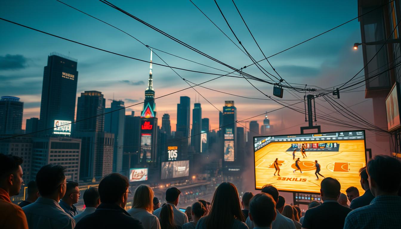 A bustling city skyline at dusk, with skyscrapers and neon-lit billboards. In the foreground, a group of people gathered around a large screen, intently watching a live basketball game. The screen is illuminated, casting a warm glow on their faces, conveying the excitement and energy of the moment. In the middle ground, a network of cables and streaming devices weave through the scene, symbolizing the technological infrastructure that enables this on-demand sports viewing experience. The background is hazy, with a sense of motion and activity, suggesting the rapid evolution of the online sports streaming landscape. The overall mood is one of dynamism, innovation, and the changing nature of how we consume and experience live sports.