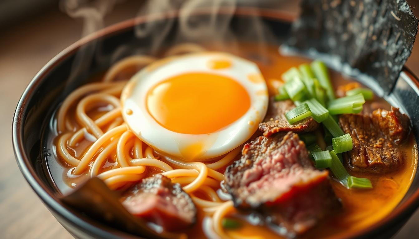 A nutritious and visually appealing bowl of homemade ramen, featuring perfectly cooked noodles in a savory, umami-rich broth. In the foreground, a soft-boiled egg with a runny yolk rests atop the noodles, while slices of tender beef, fresh scallions, and crisp nori sheets add layers of flavor and texture. The broth glistens with a hint of sesame oil, while the steam rising from the bowl creates a warm, inviting atmosphere. Captured with a shallow depth of field, the ramen is illuminated by soft, natural lighting that accentuates the vibrant colors and glossy textures of the ingredients. This homemade ramen embodies the benefits of a wholesome, nourishing meal prepared with care and attention to detail.