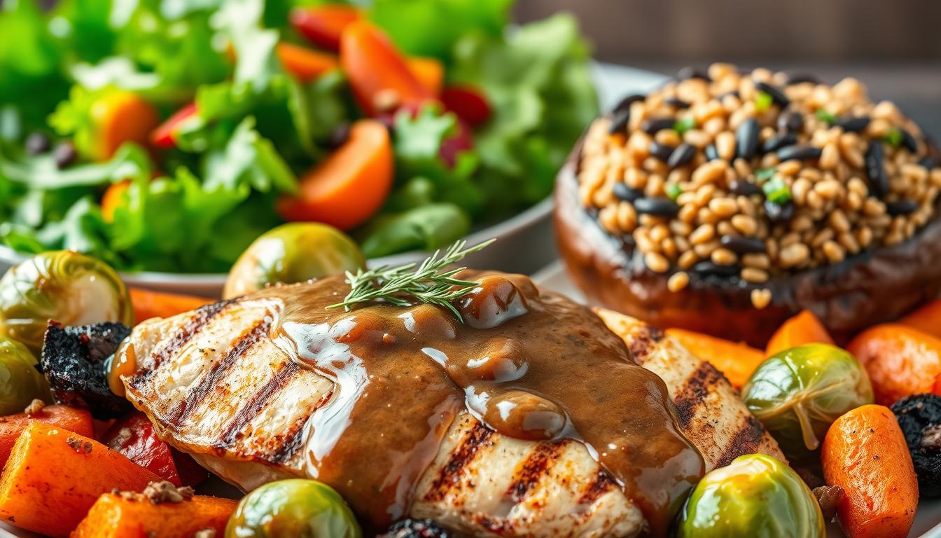 A vibrant still-life showcasing a selection of healthier alternatives to traditional smothered steak. In the foreground, a perfectly seared grilled chicken breast drizzled with a savory mushroom-thyme gravy, accompanied by a colorful medley of roasted vegetables - Brussels sprouts, sweet potatoes, and carrots. In the middle ground, a hearty quinoa and black bean stuffed portobello mushroom cap, its earthy cap glistening under the warm, natural lighting. The background features a crisp green salad with a tangy balsamic vinaigrette, adding a refreshing contrast to the savory main dishes. The overall scene exudes a rustic, wholesome atmosphere, inviting the viewer to explore these nutritious and flavorful alternatives to traditional smothered steak.
