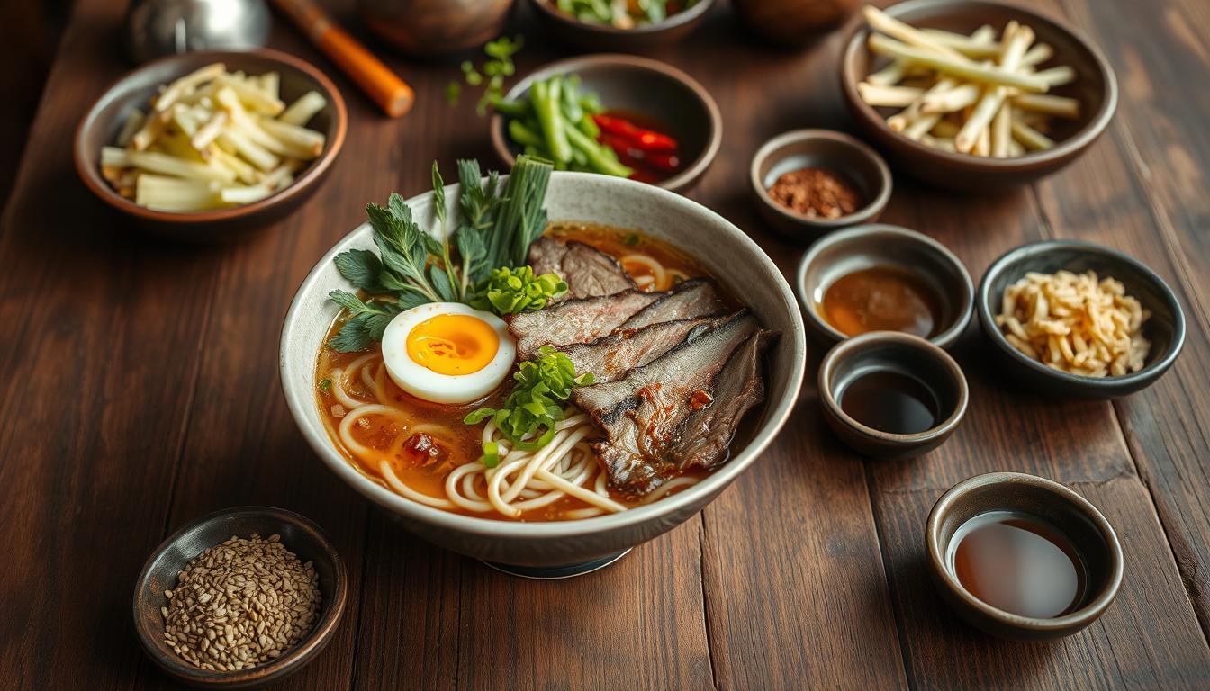 A rustic wooden table, its surface adorned with an array of savory homemade ramen toppings. In the foreground, a large bowl of steaming ramen noodles, garnished with slices of tender beef, soft-boiled egg, vibrant scallions, and a drizzle of rich, umami-packed broth. Surrounding the bowl, an assortment of side dishes - crisp pickled vegetables, toasted sesame seeds, and a small dish of chili oil, all illuminated by warm, natural lighting, as if captured through a vintage lens. The overall scene conveys a sense of homemade comfort and rustic elegance, setting the stage for an inviting and delectable ramen experience.
