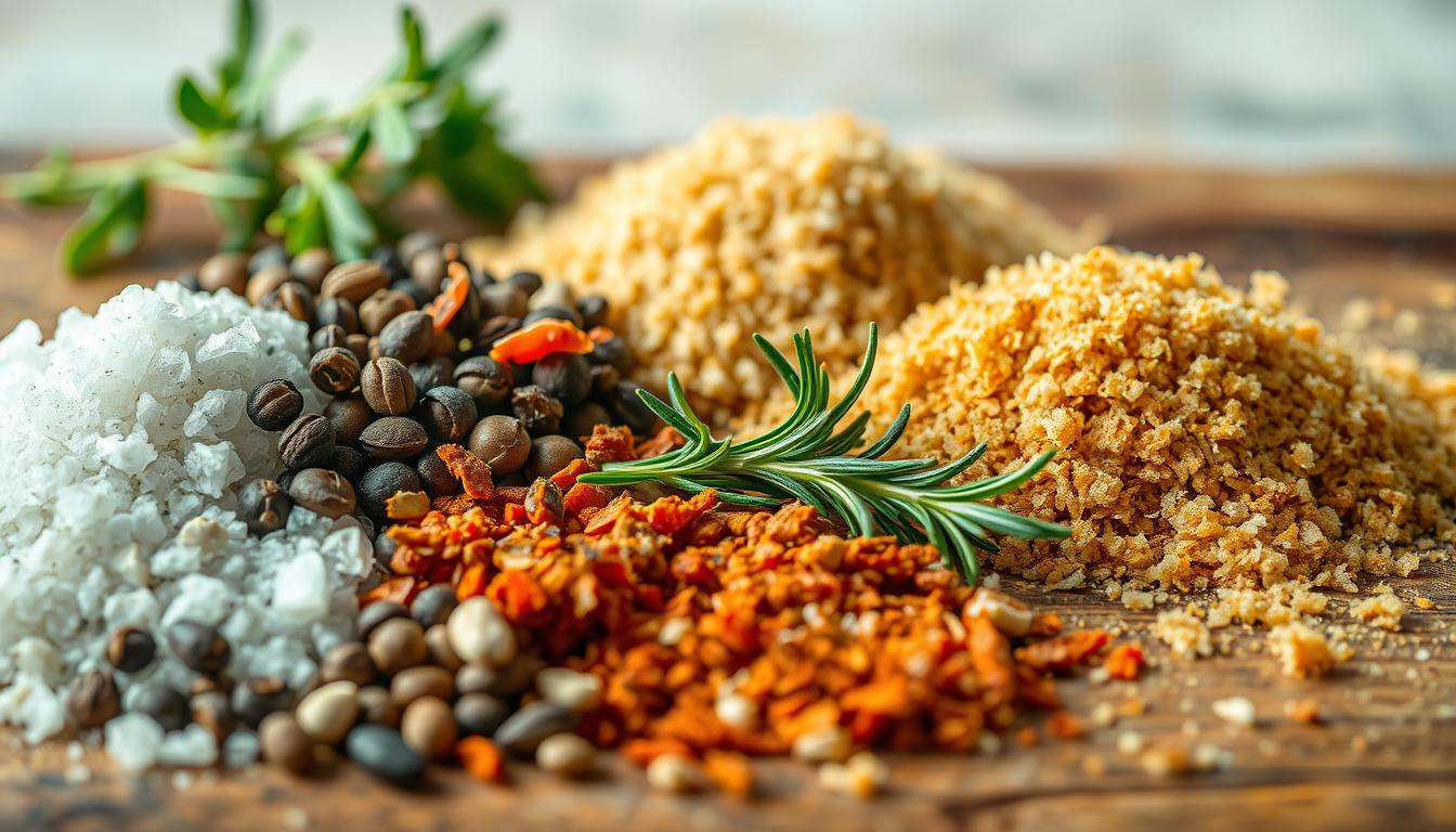 A close-up view of an assortment of natural, aromatic spices and herbs arranged on a rustic wooden surface. The foreground features a mix of coarse sea salt, cracked black peppercorns, smoked paprika, garlic powder, dried thyme, and crushed red pepper flakes. The middle ground showcases a pile of freshly chopped rosemary and a sprinkle of brown sugar. The background is softly blurred, creating a warm, inviting atmosphere with gentle, natural lighting that highlights the rich colors and textures of the seasoning ingredients.