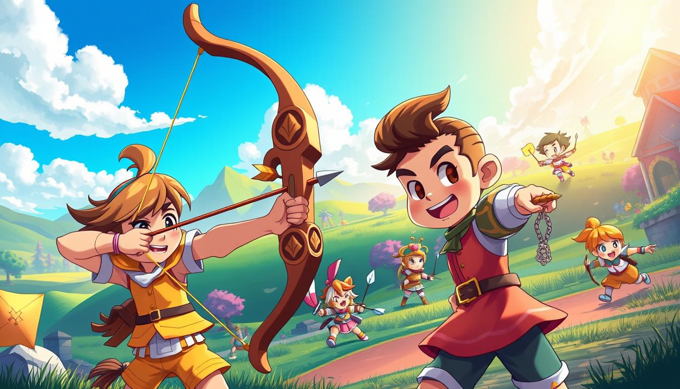 A vibrant illustration inspired by the game Bow Masters, showcasing a fantastical archery arena. In the foreground, a colorful cartoon character, dressed in a bright, whimsical outfit, is poised to shoot an arrow from an intricately designed bow. The character has exaggerated features, capturing the playful essence of the game. In the middle ground, various characters engage in playful competition, with their unique weaponry and humorous expressions. The background features a dynamic landscape with lush green hills, colorful trees, and a vibrant sky, casting warm, inviting sunlight. The atmosphere conveys excitement and a light-hearted competitive spirit, perfect for engaging gamers. Emphasize a lively color palette and a cheerful ambiance, without any text or additional elements that could distract from the central focus.