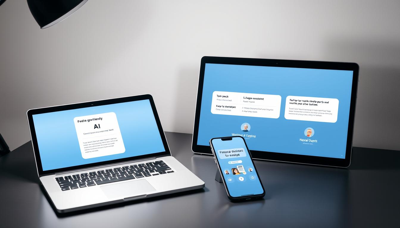 A sleek, minimalist desktop workspace with a laptop, tablet, and smartphone arranged neatly. The devices display simple, user-friendly AI software interfaces, showcasing basic features like text-to-speech, image recognition, and virtual assistant capabilities. Soft, directional lighting illuminates the scene, creating a calm, approachable atmosphere. The background features a subtle, blurred gradient in soothing tones, placing the focus on the intuitive AI tools. The overall impression is one of accessible, beginner-friendly technology that empowers users without complex coding requirements.