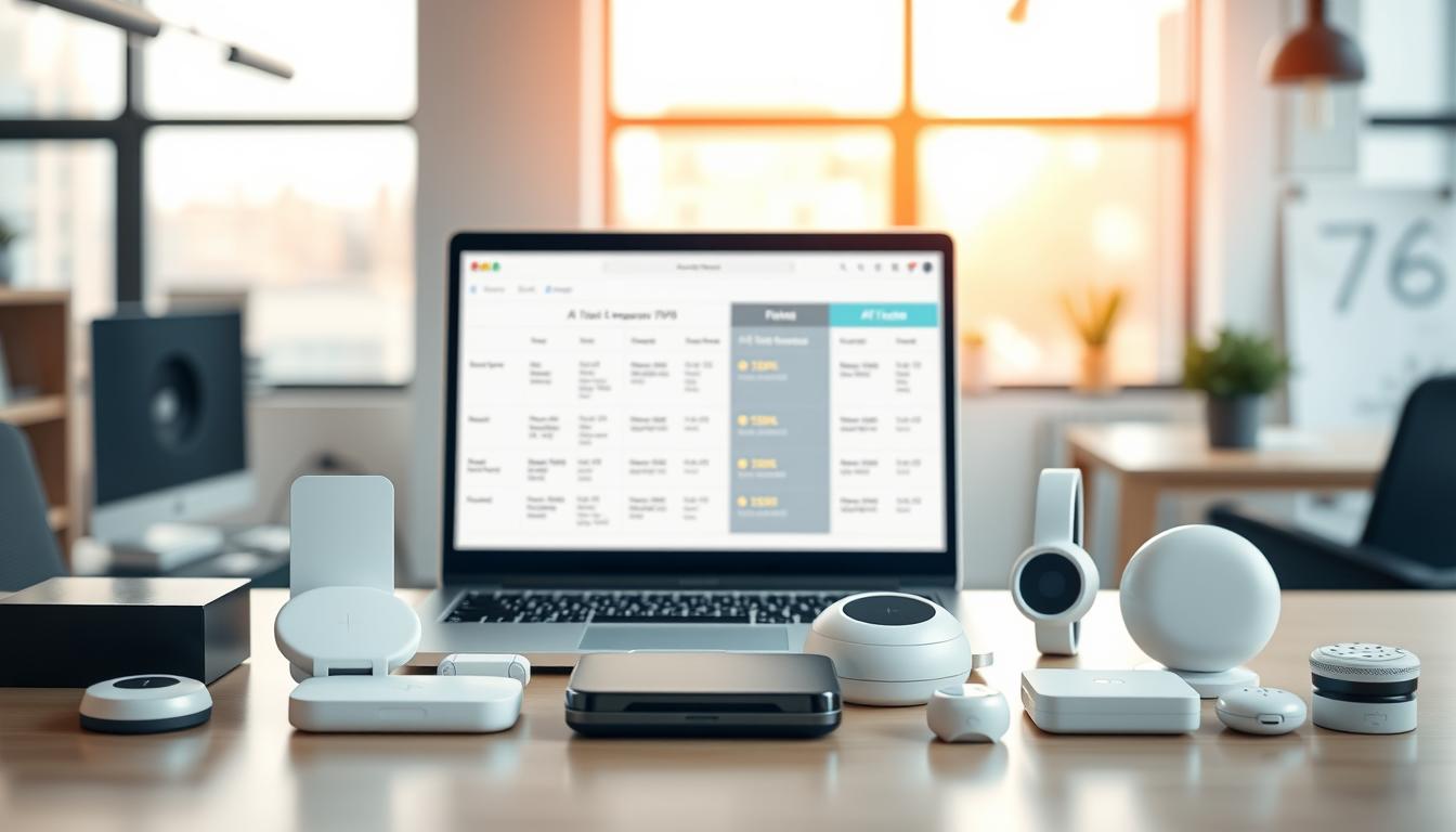 A sleek, minimalist desk setup showcasing a variety of AI tools, both free and paid, arranged neatly in the foreground. The tools are depicted as modern, high-tech devices with clean lines and elegant designs. In the middle ground, a laptop screen displays side-by-side comparisons of the AI tools, highlighting their key features and pricing. The background is a softly blurred, modern office setting, conveying a professional, productive atmosphere. Warm, natural lighting from a large window casts a gentle glow over the scene, creating a sense of warmth and focus. The overall composition emphasizes the ease of use and accessibility of these AI tools, inviting the viewer to explore their capabilities.