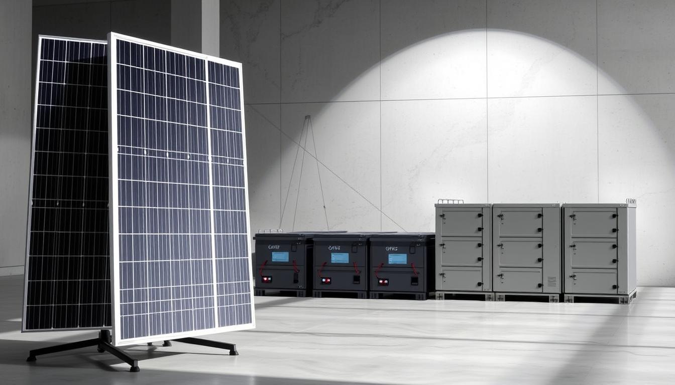 A solar battery system with a sleek, modern design, showcasing its key components. In the foreground, a large solar panel array stands tall, its surface glistening under crisp, directional lighting. In the middle ground, a bank of lithium-ion batteries is neatly arranged, their polished casings exuding a sense of efficiency and power. The background features a clean, minimalist industrial setting, with smooth concrete walls and subtle shadows, emphasizing the system's technical prowess. The overall scene conveys a balance of renewable energy and advanced energy storage, reflecting the importance of proper sizing for an optimized solar battery system.