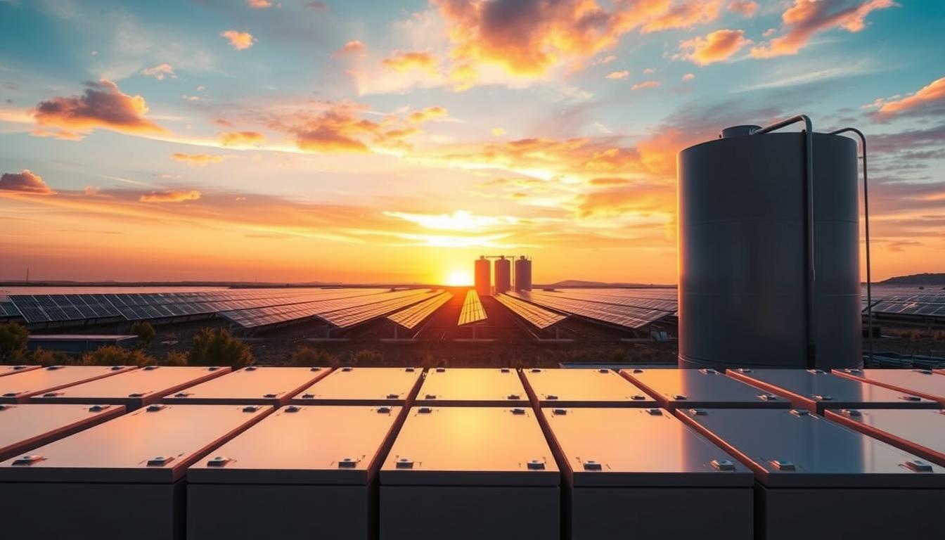 A sleek, futuristic solar energy storage facility set against a backdrop of a vibrant sunset sky. In the foreground, a bank of advanced lithium-ion battery modules, their smooth, metallic casings reflecting the warm glow of the setting sun. The middle ground features a series of large, cylindrical storage tanks, housing compressed air or hydrogen for additional energy storage capacity. In the distance, a field of solar panels stretches out, their efficient solar cells capturing the last rays of the day. The overall scene conveys a sense of technological sophistication and clean, renewable energy solutions, perfectly suited to illustrate the "Solar Battery Sizing: 3 Quick Checks for Capacity" article section.