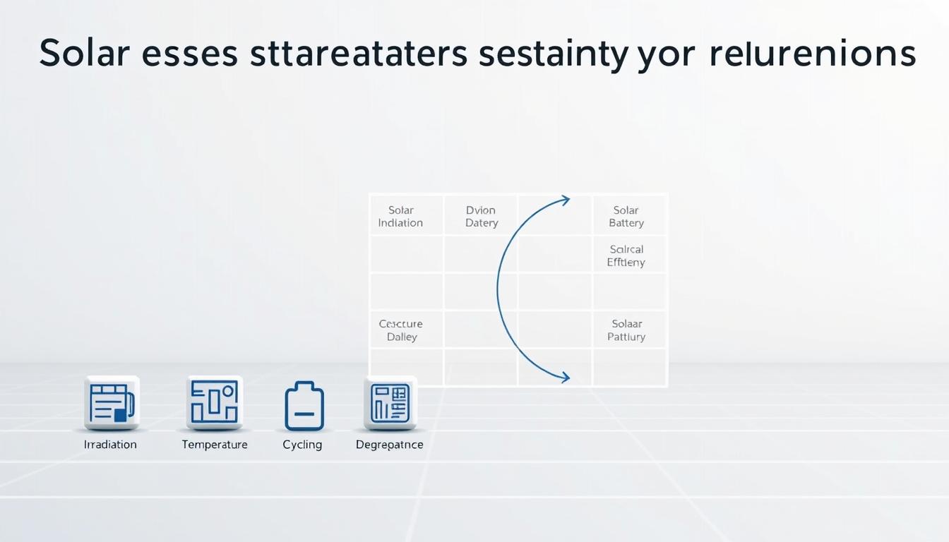 A detailed, technical diagram depicting the key factors affecting solar battery capacity requirements. In the foreground, a group of labeled icons representing variables like solar irradiation, temperature, cycling, degradation, and efficiency. In the middle ground, a grid-like layout showcasing the interplay between these factors, with curved arrows illustrating their dynamic relationships. The background features a clean, minimalist style with subtle grid lines and a soft, neutral color palette to create a sense of balance and clarity. Crisp, high-resolution rendering with a technical, engineering-inspired aesthetic.