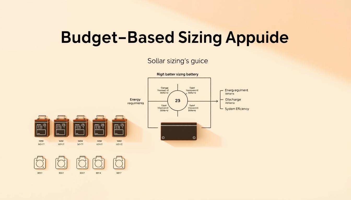 A sleek, modern battery sizing guide displayed on a clean, minimalist interface. The foreground features a neatly organized grid of battery icons, each with clear capacity and voltage indicators. In the middle ground, a central diagram showcases the key factors to consider when sizing a battery, such as energy requirements, discharge rates, and system efficiency. The background is a subtle gradient, lending a sense of depth and professionalism to the design. Warm, directional lighting creates soft shadows, emphasizing the technical details. The overall aesthetic is one of precision, clarity, and practical utility, perfectly suited to illustrate the "Budget-Based Sizing Approach" for a solar battery system.