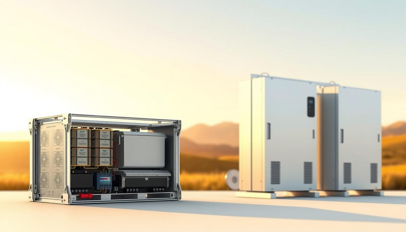 A highly detailed, technical illustration of a solar battery system, featuring a clean, minimalist layout. In the foreground, a cutaway view showcases the internal components, including the battery cells, charge controller, and inverter, all rendered with precise engineering schematics. The middle ground presents an angled perspective of the complete system, with sleek, metallic enclosures and crisp, angular shadows. The background depicts a softly blurred landscape, hinting at the system's outdoor installation, with a warm, golden-hour lighting scheme casting a serene, natural ambiance. The overall tone is one of precision, efficiency, and sustainable energy solutions.