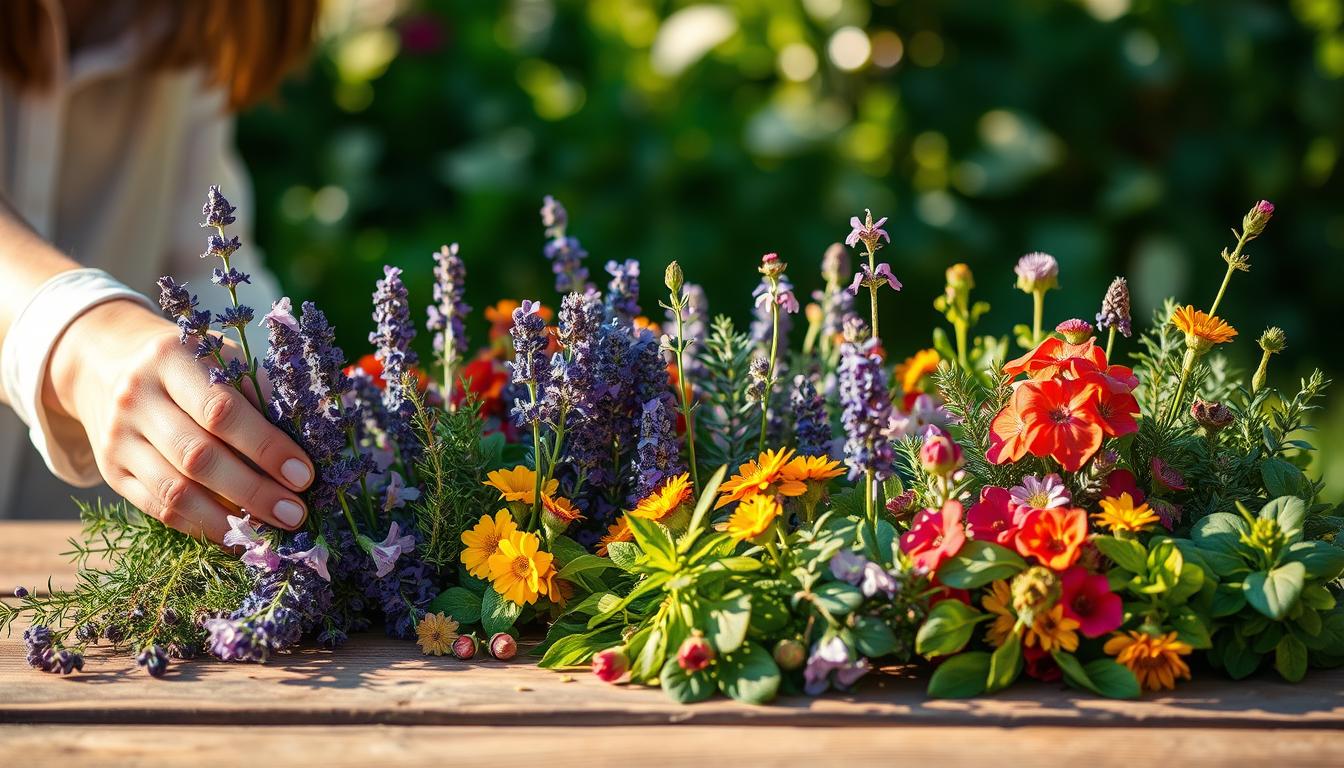 A thoughtful gardener carefully selects an array of vibrant, nectar-rich herbs on a wooden table, creating a visually captivating scene to attract pollinators. The herbs, such as lavender, rosemary, and thyme, are artfully arranged, their colors and textures complementing each other. Soft, natural lighting casts a warm glow, highlighting the delicate details of the plant leaves and flowers. The composition is balanced, with the herbs filling the foreground, while a blurred background suggests a lush, verdant garden setting. This image conveys a sense of tranquility and the importance of intentionally curating a pollinator-friendly space.