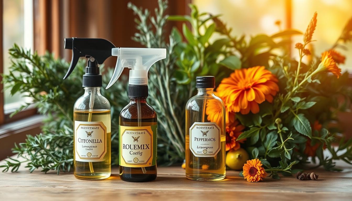 A rustic still-life arrangement of natural ingredients for a homemade bug spray, lit by warm, golden afternoon sunlight filtering through a window. In the foreground, glass bottles filled with essential oils like citronella, lemongrass, and peppermint sit atop a wooden table, their labels clearly visible. Behind them, bunches of fresh herbs like rosemary, thyme, and marigold create a lush, botanical backdrop. The overall mood is one of simplicity, authenticity, and the soothing power of nature to provide a safe, non-toxic alternative to chemical-laden commercial bug sprays.
