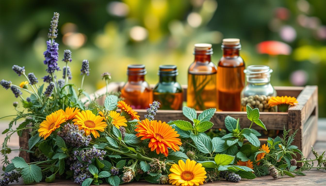 A lush botanical still life scene showcasing an assortment of natural plant-based bug repellents. In the foreground, a collection of fresh herbs and flowers, including citronella, lavender, peppermint, and marigold, arranged in a rustic wooden crate. The middle ground features glass jars filled with essential oils and plant-based extracts, reflecting warm, natural lighting. In the background, a blurred outdoor setting with greenery and a soft, hazy atmosphere, evoking a serene, calming mood. The overall composition emphasizes the efficacy and organic nature of these plant-based insect deterrents, captured with a shallow depth of field and muted, earthy tones.