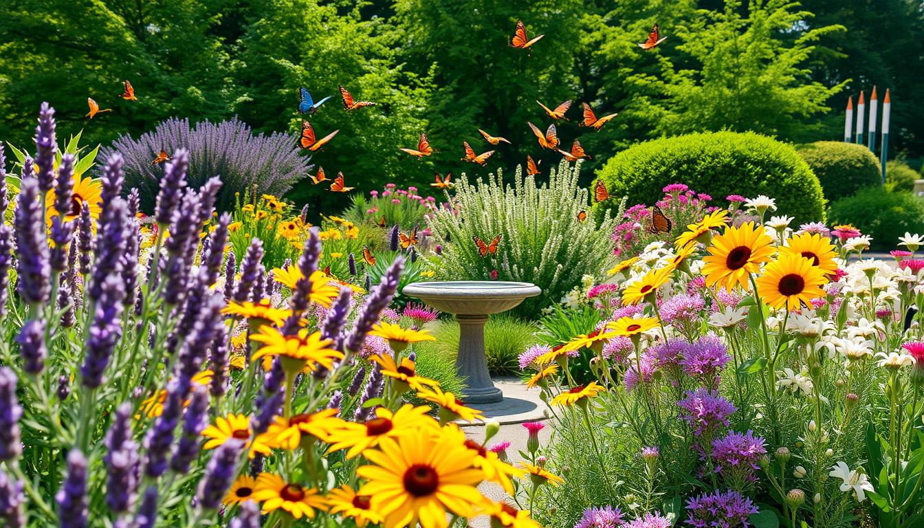 A lush, vibrant pollinator garden design in a warm summer afternoon. The foreground features a variety of colorful, nectar-rich flowers - dense clusters of purple lavender, bright yellow sunflowers, delicate pink yarrow, and fragrant white jasmine. In the middle ground, a birdbath surrounded by fluttering butterflies in shades of orange, blue, and white. The background showcases a verdant, layered canopy of trees and shrubs, casting a soft, dappled light across the scene. The overall atmosphere is one of tranquility and abundance, highlighting the essential role pollinators play in a thriving, balanced garden ecosystem.