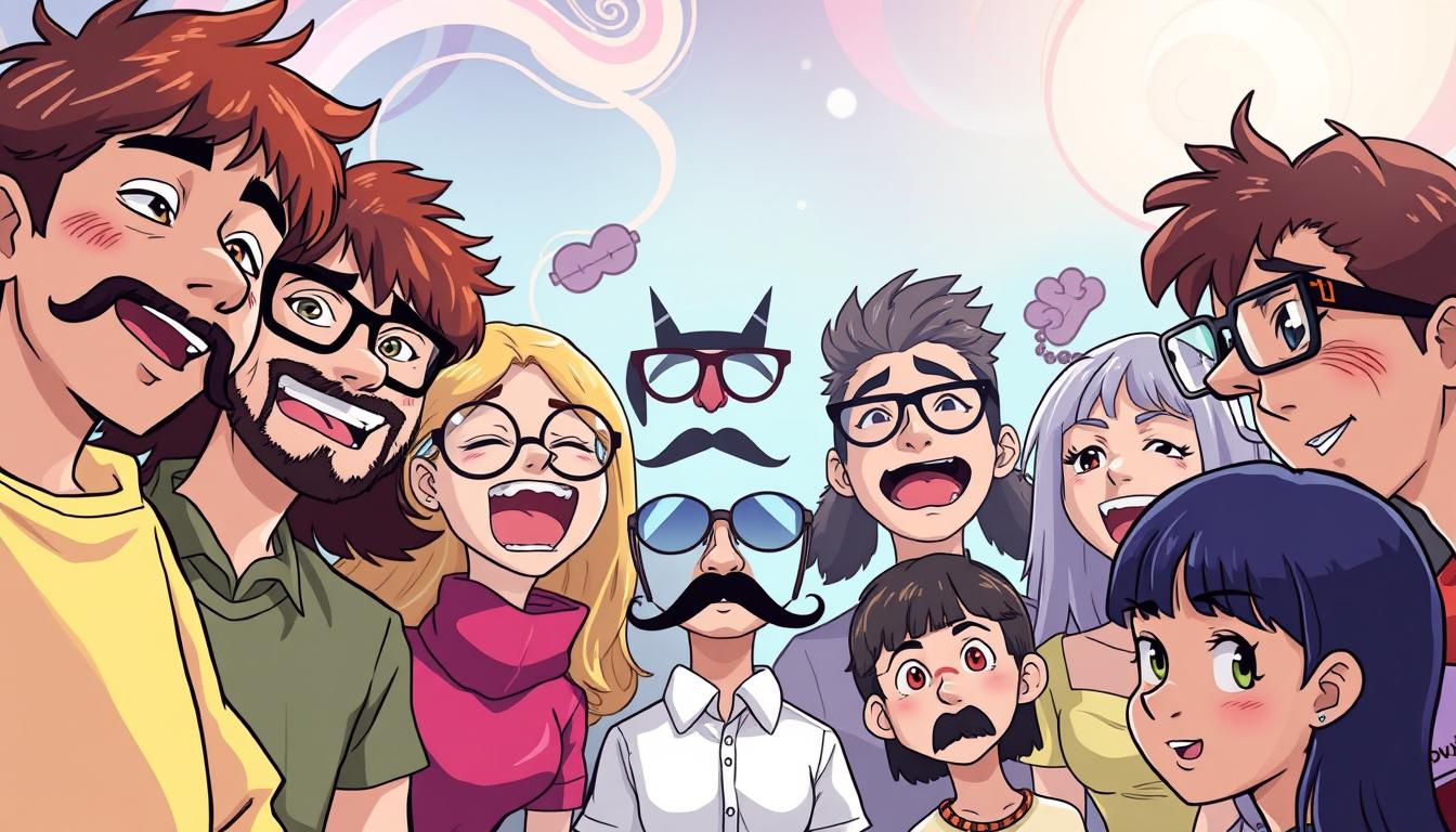 A whimsical, cartoonish scene of &quot;Tips for Distorting Faces&quot;. In the foreground, a group of people playfully manipulating their facial features, stretching, twisting, and exaggerating their expressions. Vibrant, saturated colors, with a playful, humorous tone. The middle ground features various comical facial accessories and props, like oversized glasses, false mustaches, and distortion lenses. The background is a surreal, dreamlike setting, with swirling shapes and patterns that add to the surreal, imaginative atmosphere. Soft, diffused lighting creates a warm, inviting mood. Capture the joy and silliness of experimenting with one's appearance in a whimsical, artistic manner.
