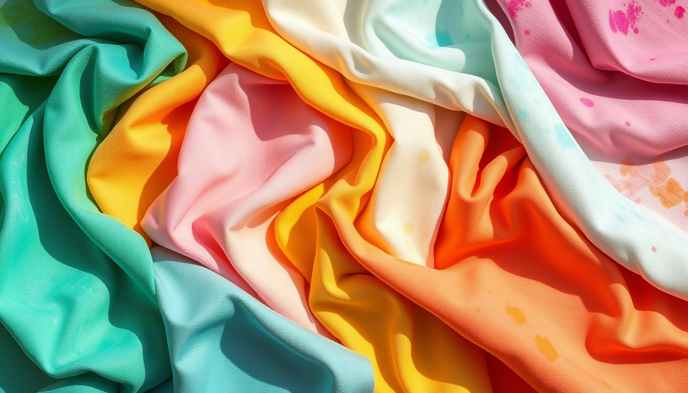 A vibrant arrangement of various fabric swatches in an array of summer-inspired hues, including soft pastels, bold primaries, and earthy neutrals. The textiles are displayed on a clean, minimalist background, allowing the materials to take center stage. Carefully selected for their dyeing potential, the fabrics evoke a sense of creative possibility and DIY fashion experimentation. Soft, natural lighting casts gentle shadows, accentuating the intricate weaves and textures of the textiles. The composition is thoughtfully balanced, guiding the viewer's eye to appreciate the versatility and beauty of these ideal dye-friendly materials.
