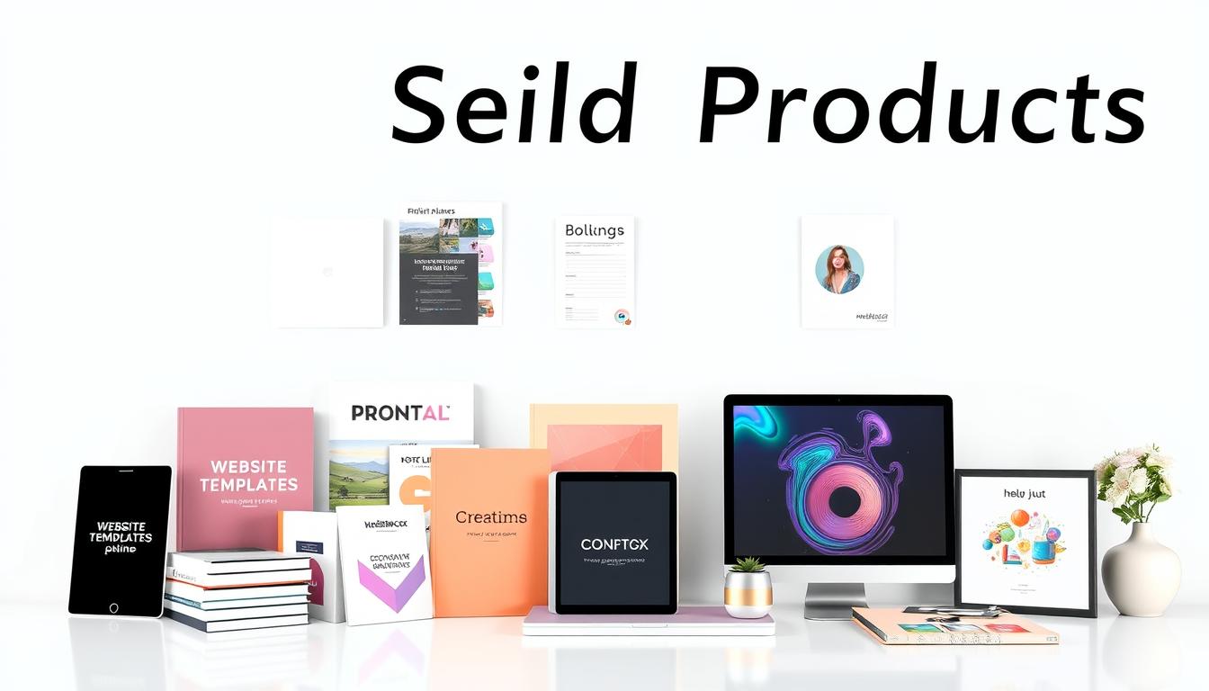 Collection of digital products like templates, ebooks, and digital art