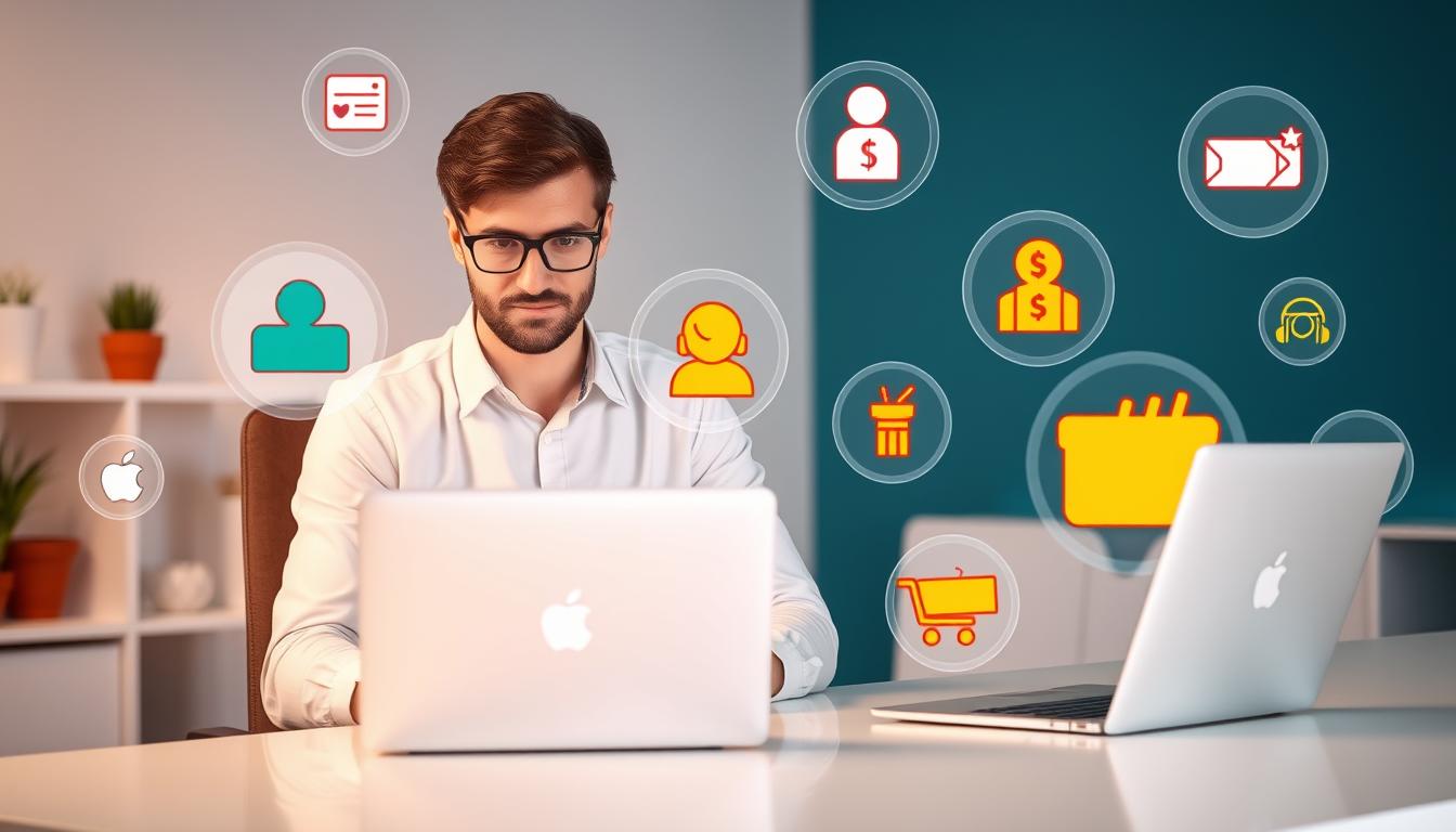 Person working on laptop with multiple income stream icons floating around them