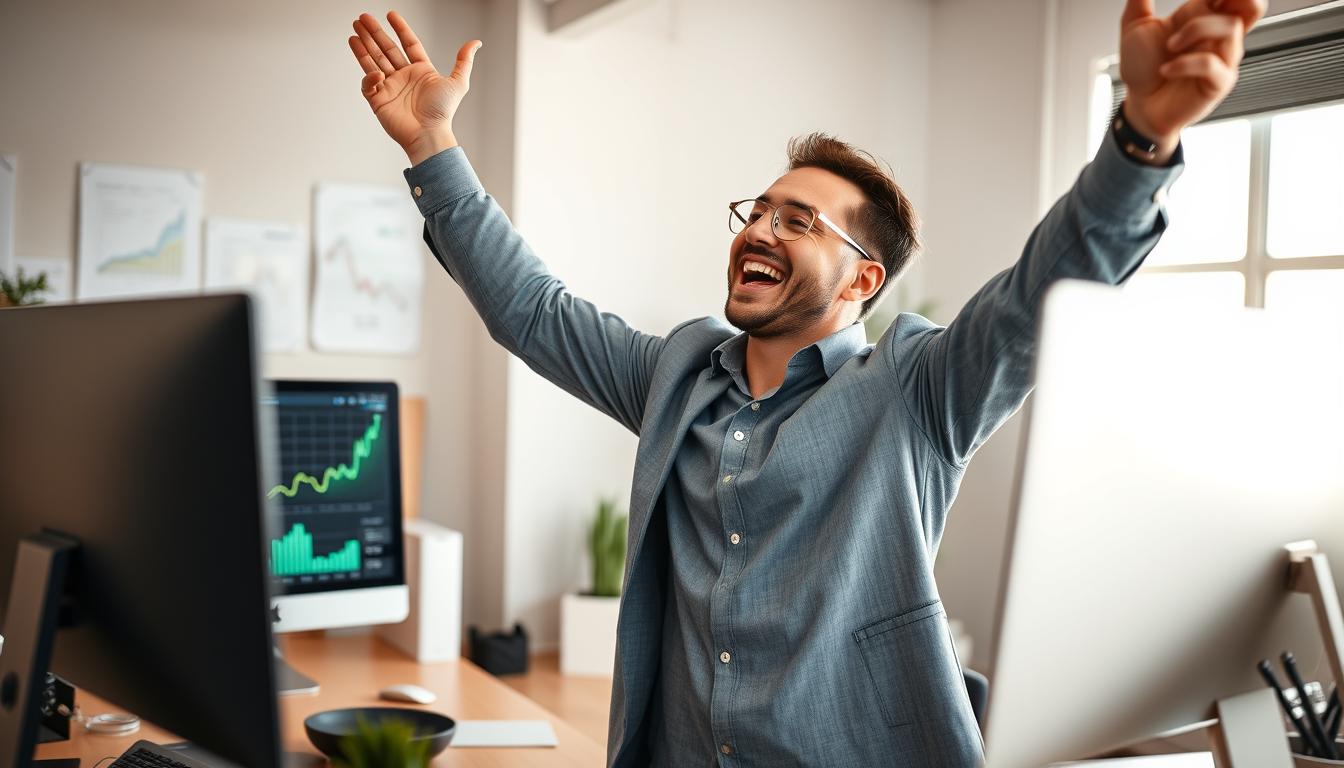 Person celebrating successful online income achievement