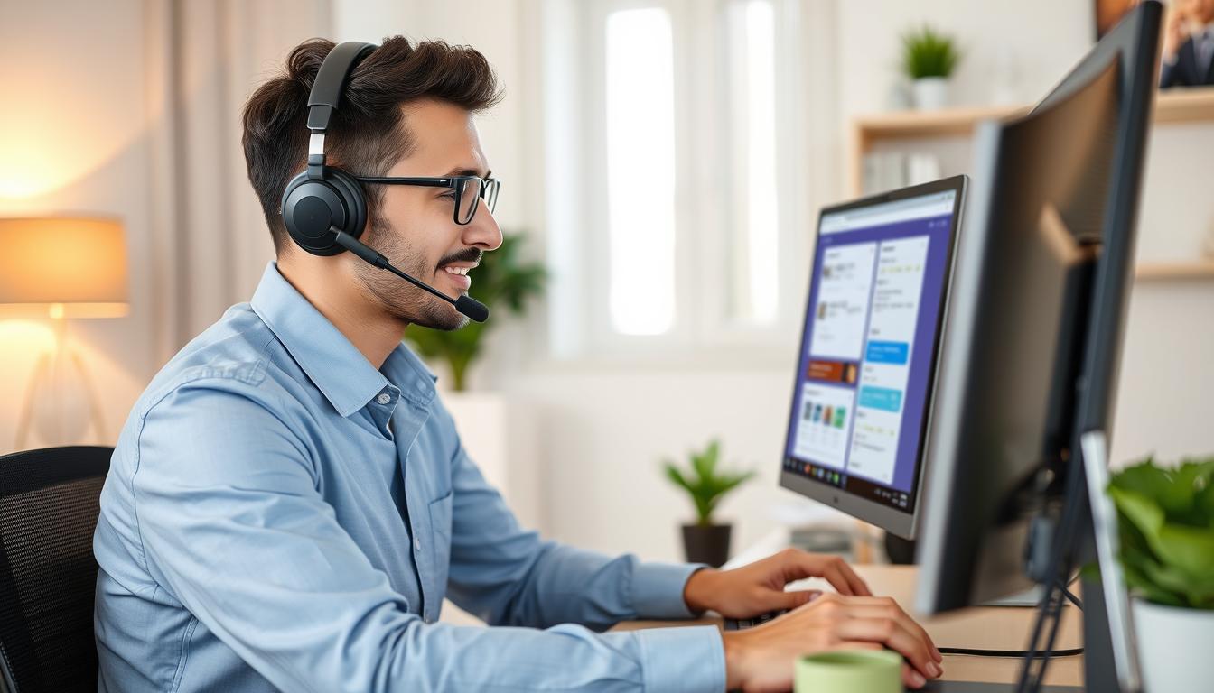 Person working in remote customer service with headset and computer