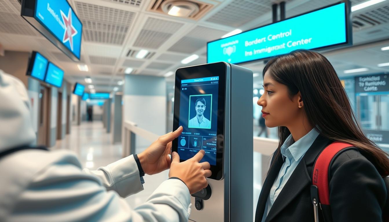 Person using biometric scanning technology at border control
