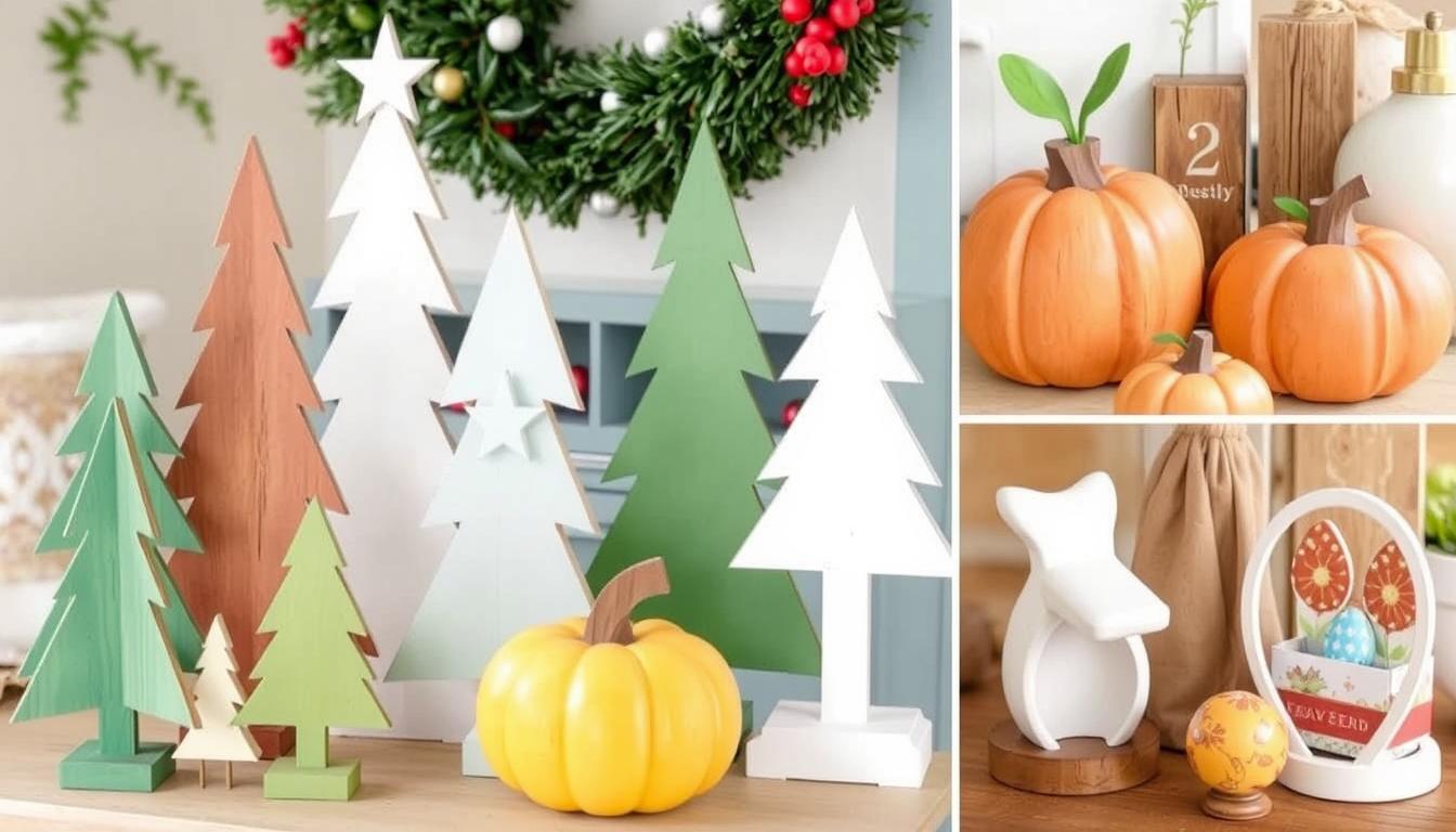 Collection of seasonal decor made from scrap wood including Christmas trees, pumpkins, and Easter decorations