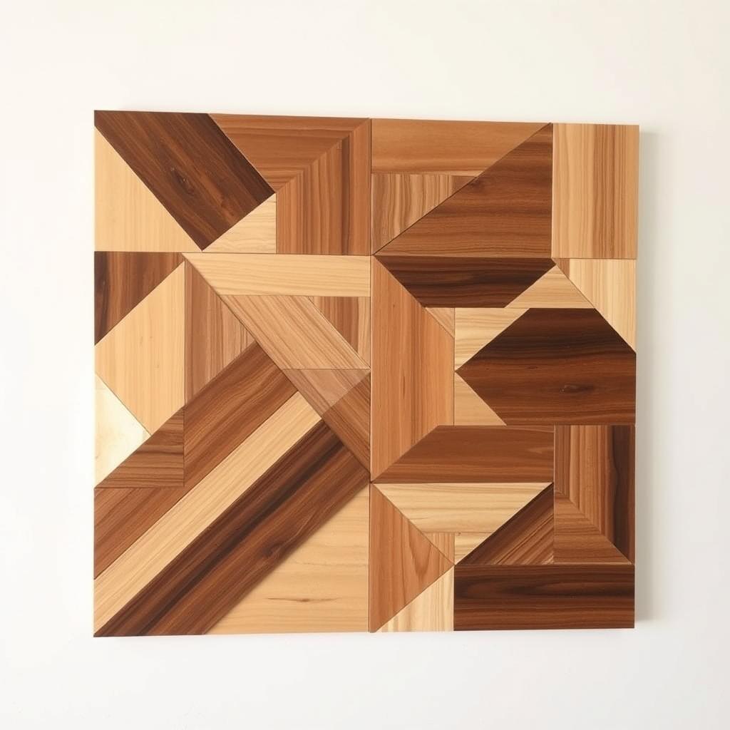 DIY geometric wood wall art made from scrap wood pieces in different stains