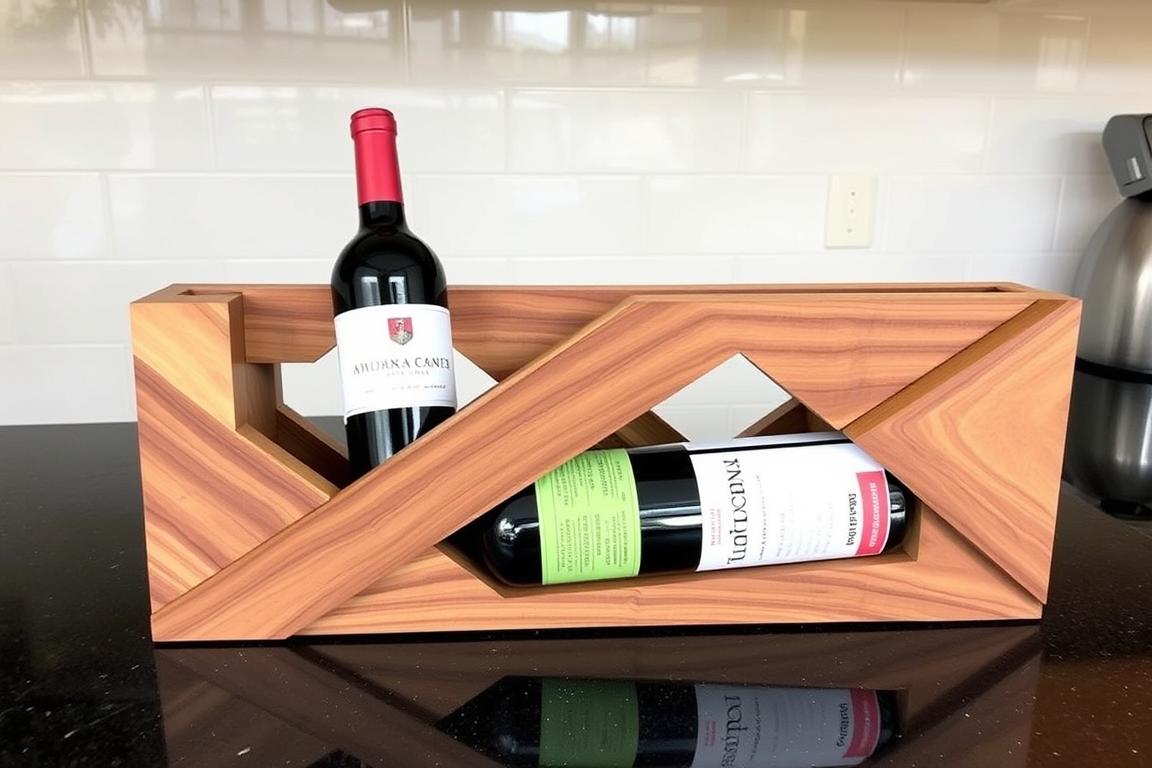 DIY wine bottle holder made from scrap wood displaying three wine bottles