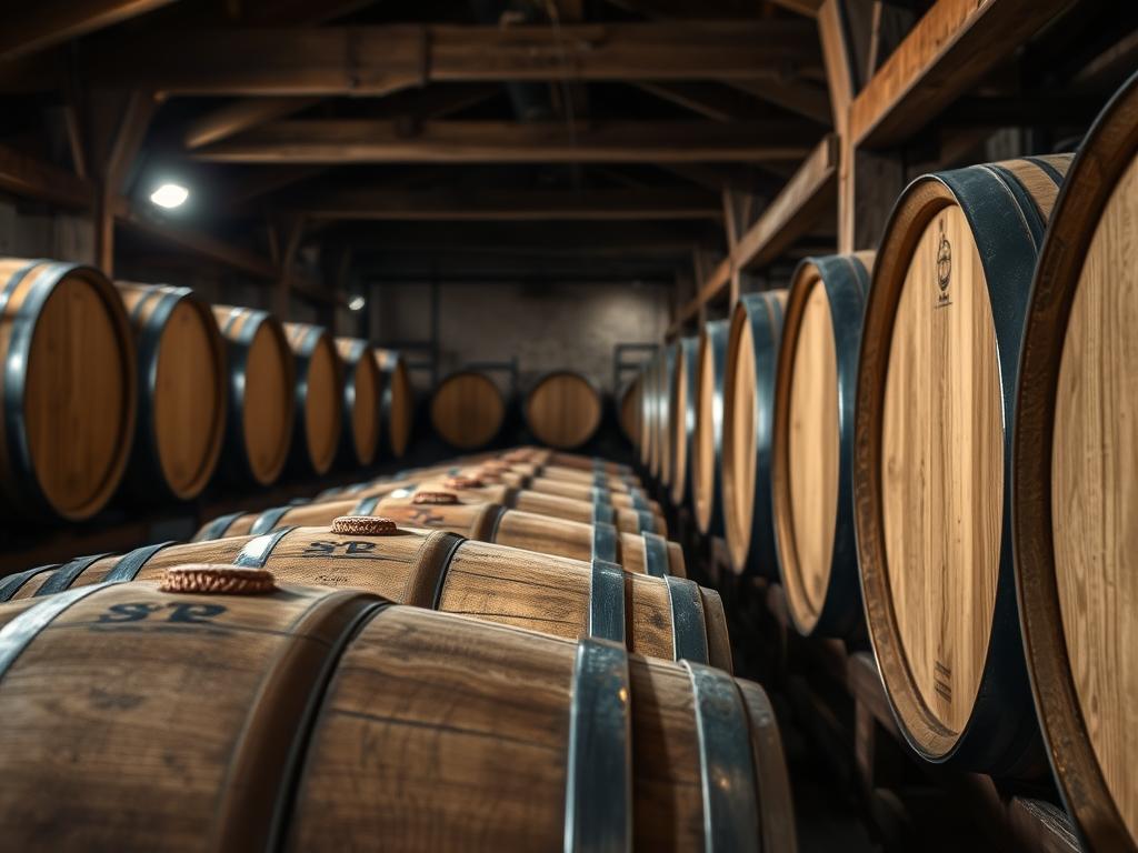Oak wine barrels in a traditional winery cellar
