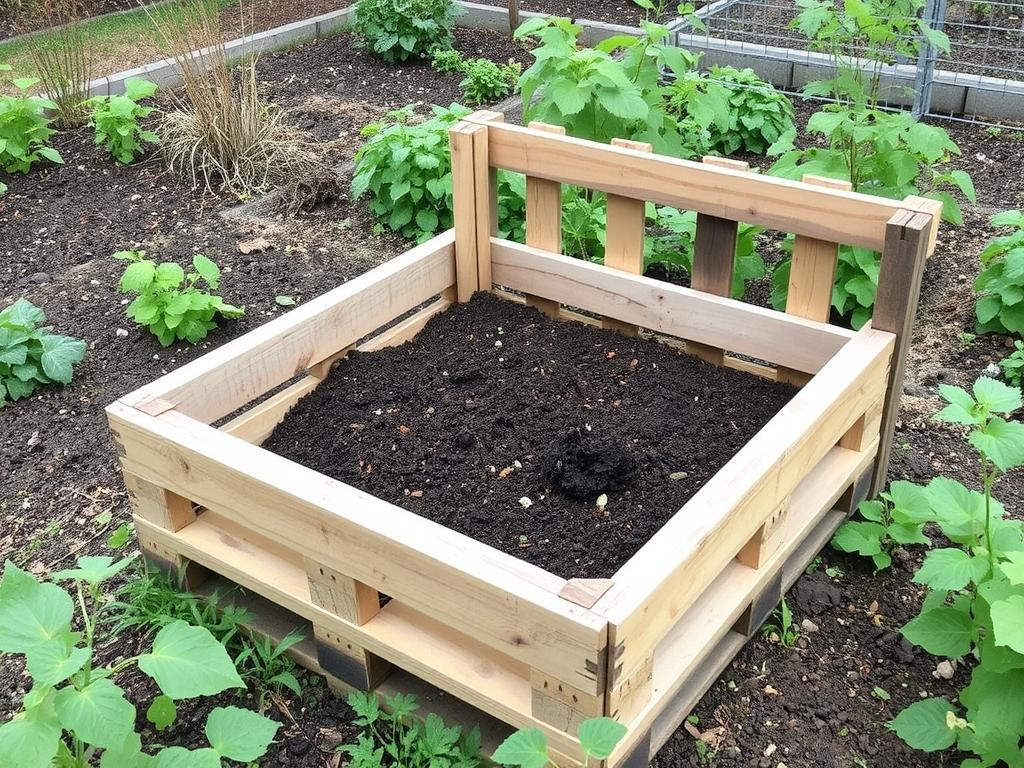 Pallet wood compost bin in a garden with compost material visible