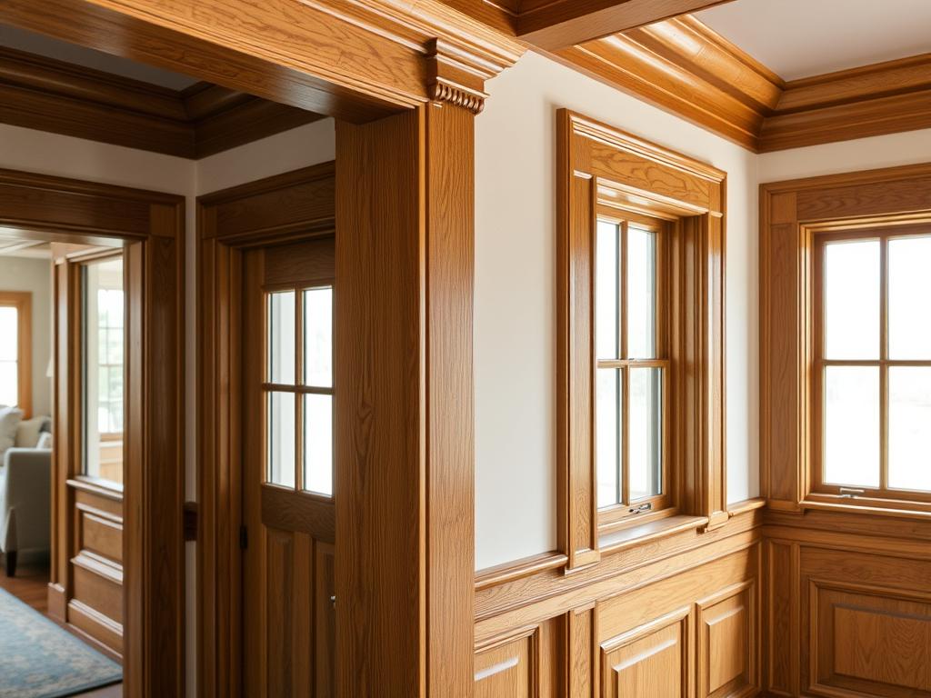 Oak wood trim and molding in a traditional home interior