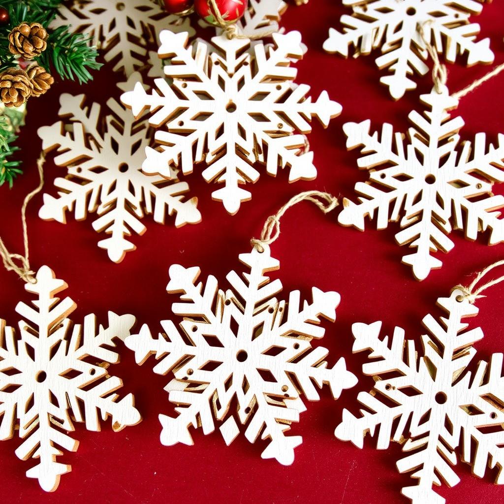 Wooden snowflake ornaments cut from thin scrap wood with intricate designs