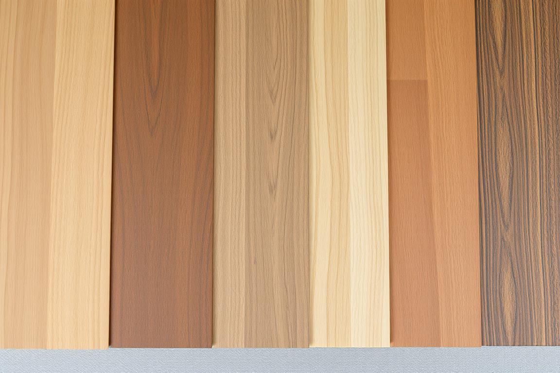 Different stain colors applied to oak wood samples showing variety of finishes