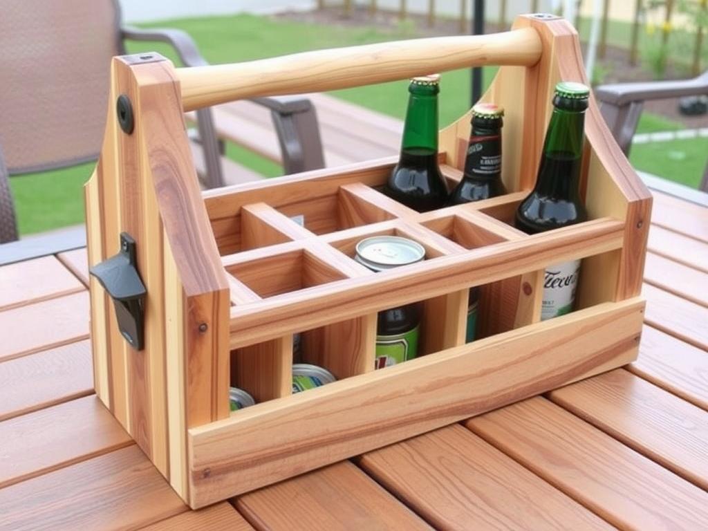 Wooden drink caddy made from scrap wood with handle and bottle opener