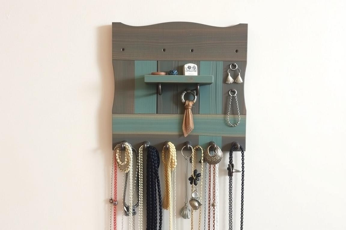 Wall-mounted jewelry organizer made from scrap wood with hooks and shelf