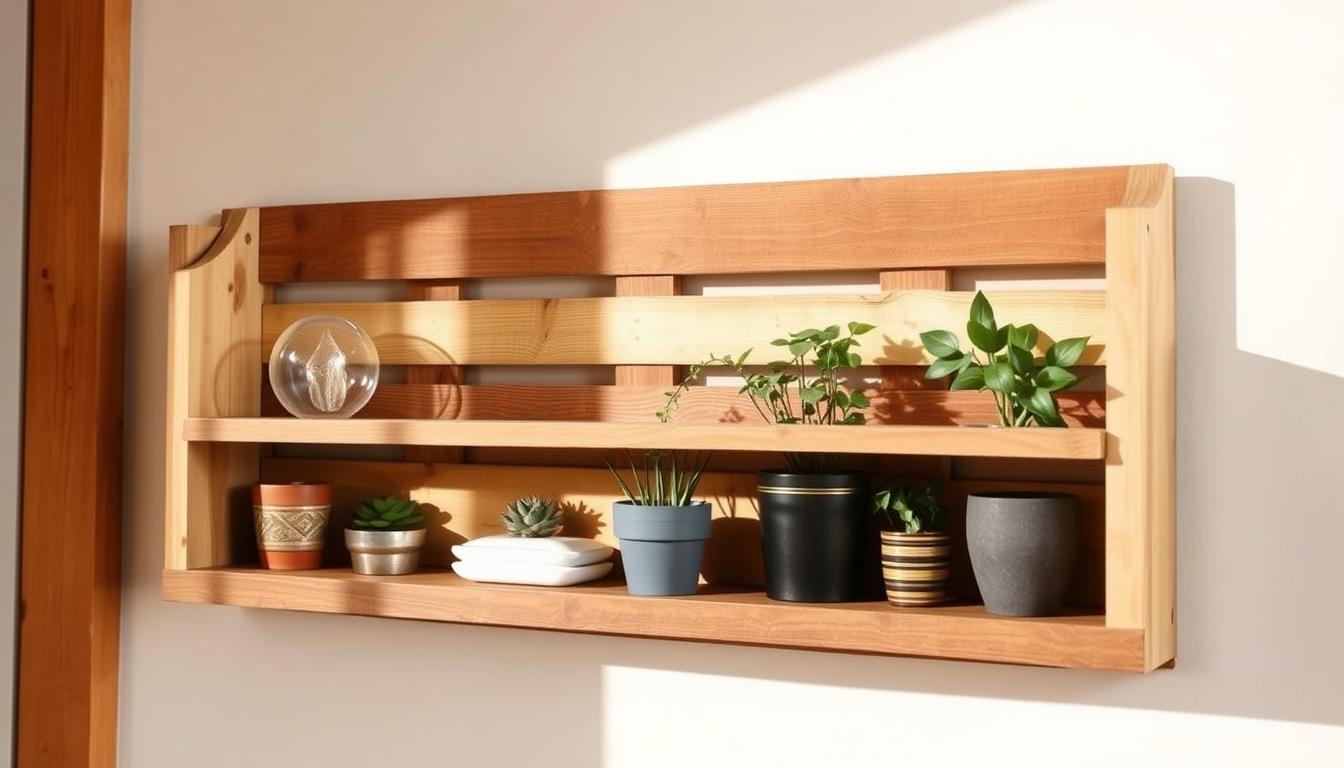 Finished rustic pallet wood wall shelf holding small plants and decorative items