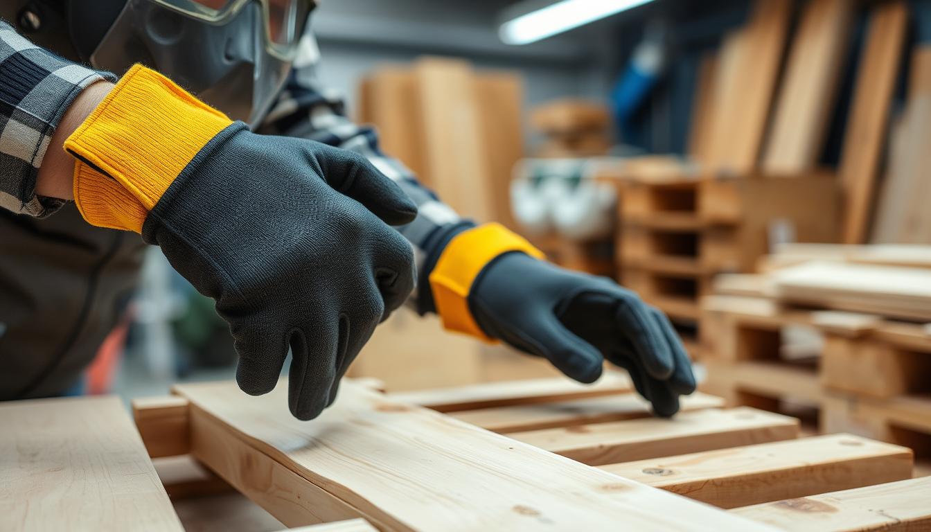 Person wearing safety gear while working with pallet wood