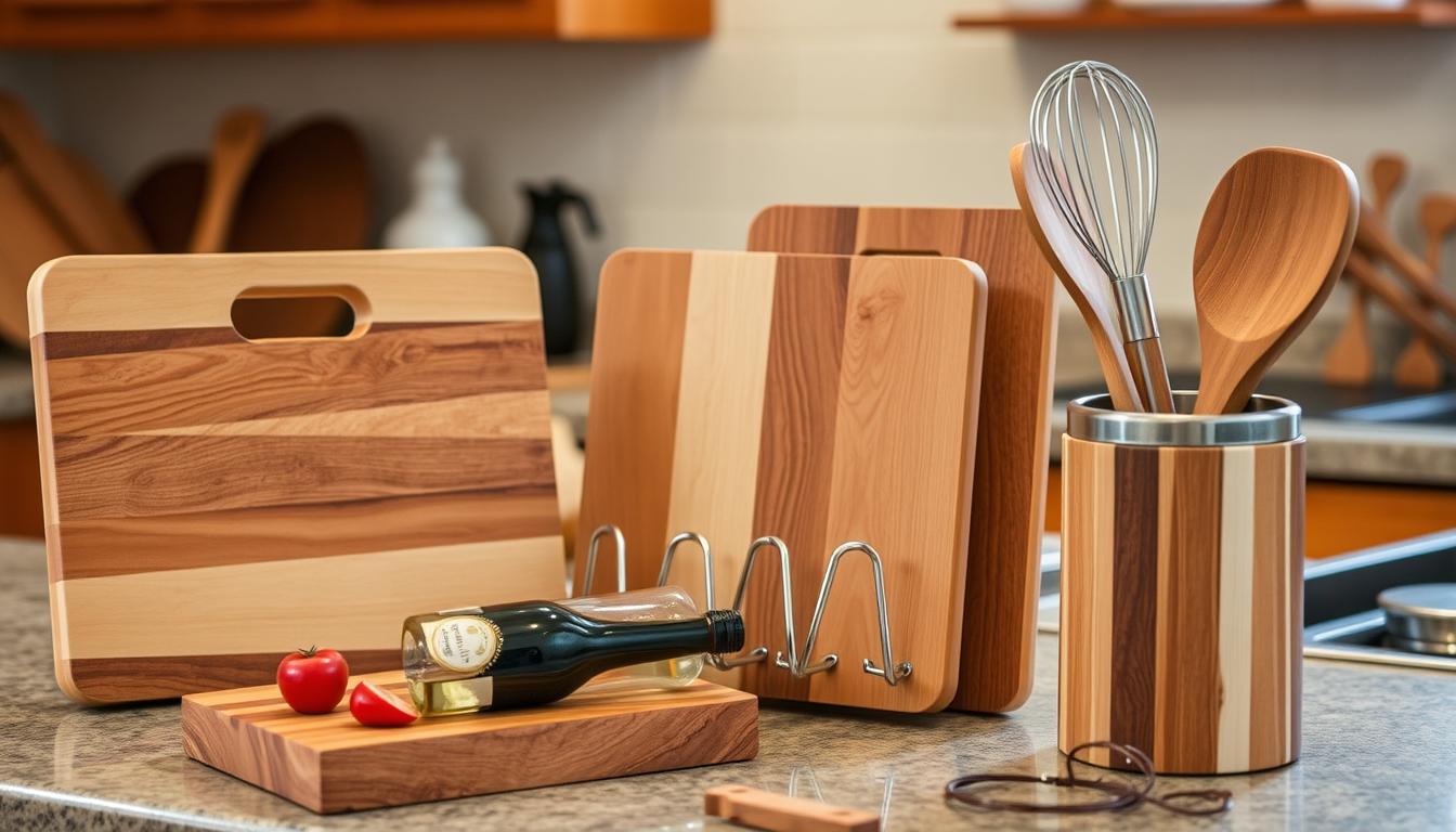 Collection of kitchen projects made from scrap wood including cutting board, wine rack, and utensil holder