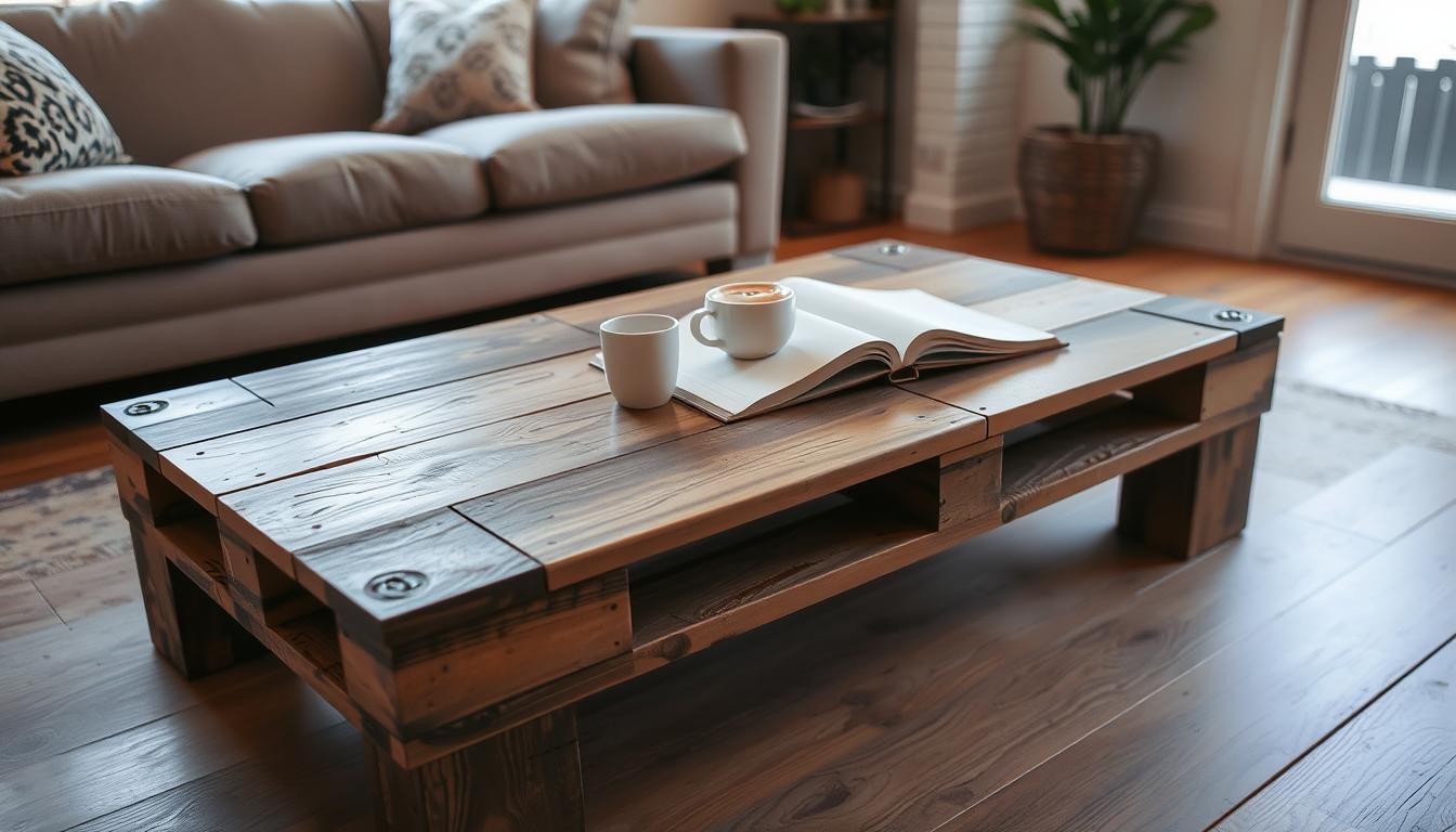 Rustic pallet wood coffee table in a living room setting