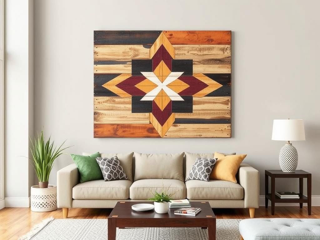 Decorative pallet wood wall art with painted design in a living room