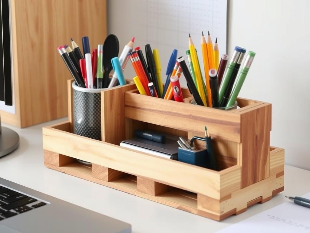 Pallet wood desk organizer holding office supplies on a workspace