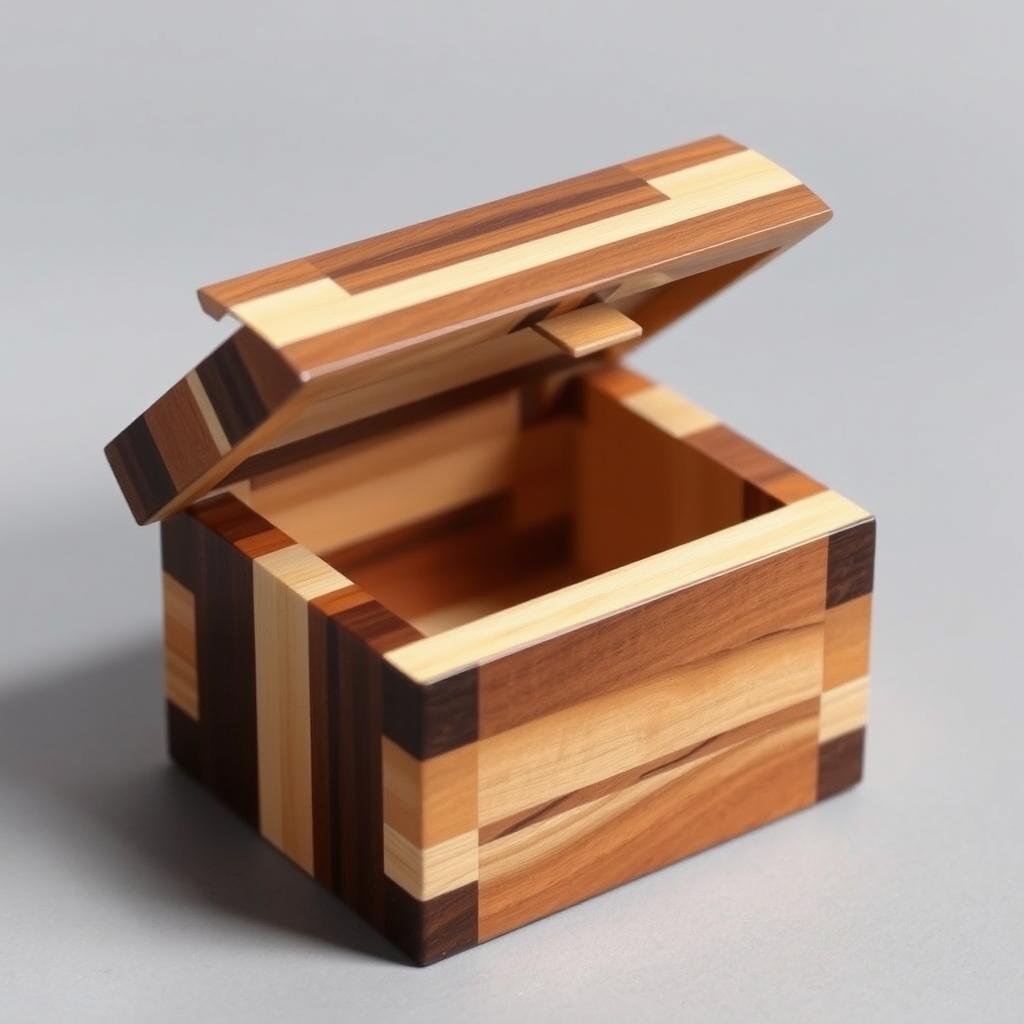 Small wooden trinket box made from scrap wood with hinged lid