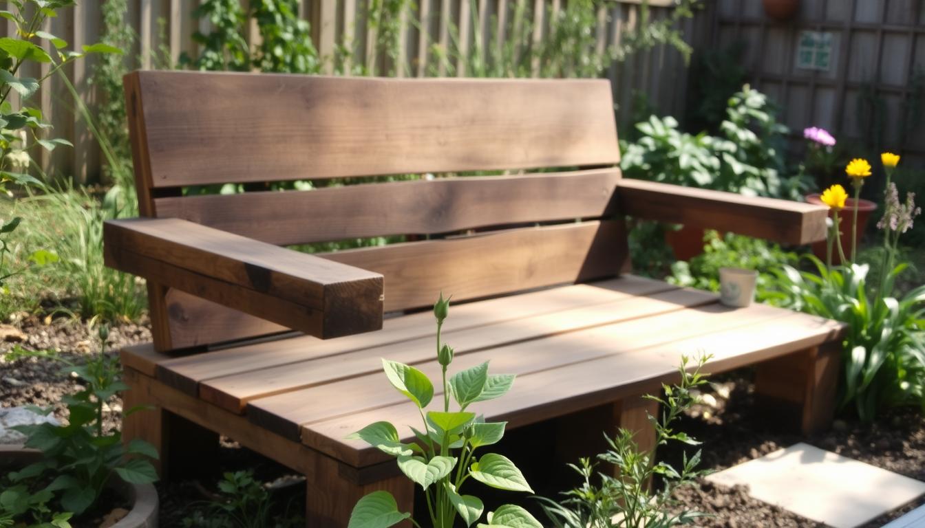 Rustic pallet wood outdoor bench in a garden setting