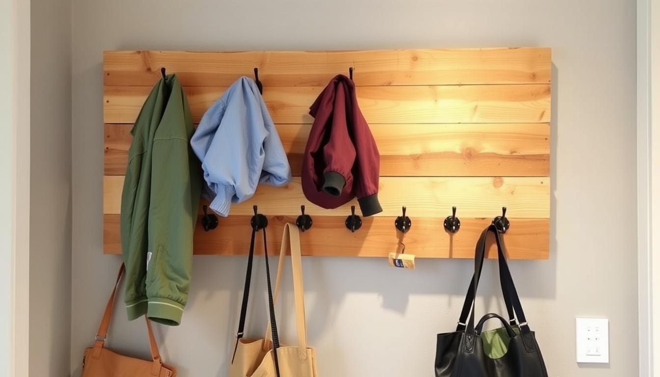 Wall-mounted pallet wood coat rack with hooks holding jackets and bags