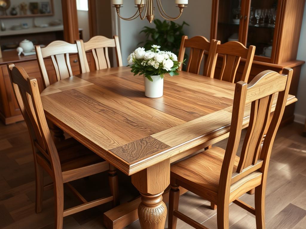 Oak wood dining table and chairs in a traditional style